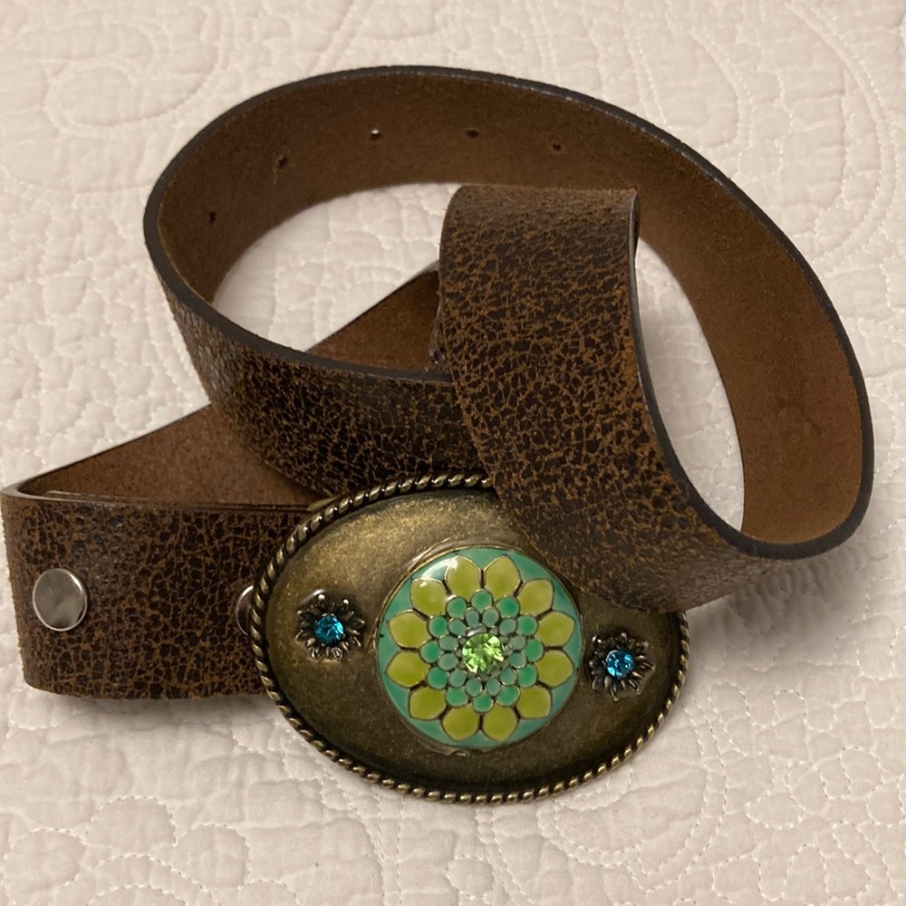 Vintage Brown Leather Belt with Floral Buckle